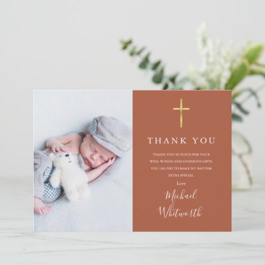 テラコッタ写真コラージュのスクリプトバプテスマ サンキューカード (スタンド正面)