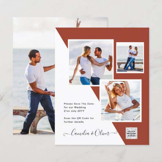テラコッタ写真QRコード結婚式の招待救日付 (正面/裏面)