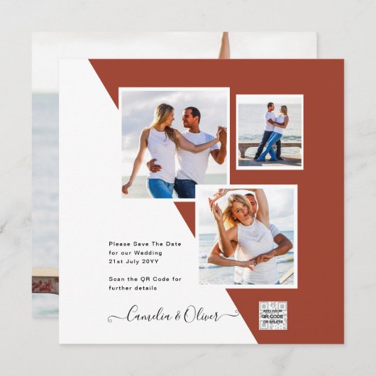 テラコッタ写真QRコード結婚式の招待救日付 (正面/裏面)