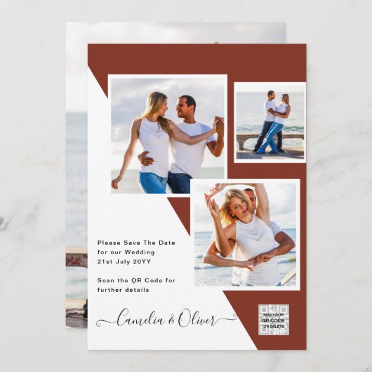 テラコッタ写真QRコード結婚式の招待救日付 招待状 (正面/裏面)