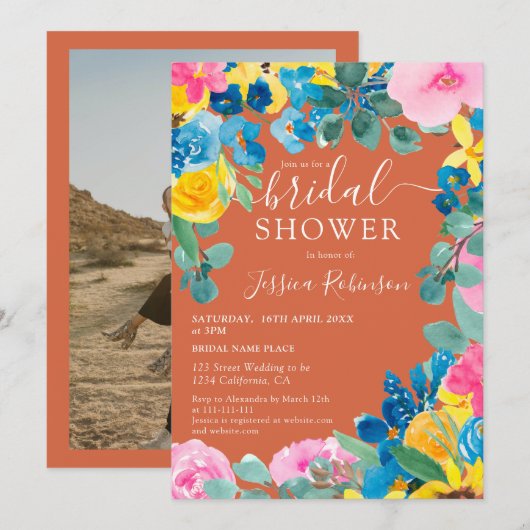 テラコッタ夏のフローラ写真ブライダルシャワー 招待状 (正面/裏面)