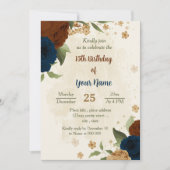 テラコッタ大地トーン海軍フローラ誕生日 招待状 (正面)