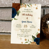 テラコッタ大地トーン海軍フローラ誕生日 招待状