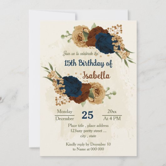 テラコッタ大地トーン海軍フローラ誕生日 招待状 (正面)