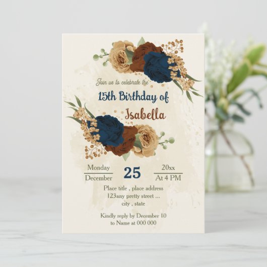 テラコッタ大地トーン海軍フローラ誕生日 招待状 (スタンド正面)