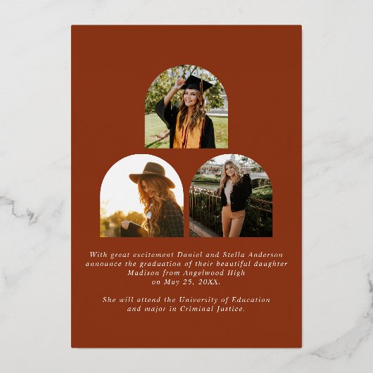 テラコッタ大学院ホイル卒業発表 箔招待状 (裏面)