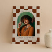 テラコッタ市松模様にレトロアーチフォト卒業 招待状