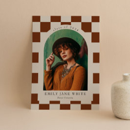 テラコッタ市松模様にレトロアーチフォト卒業 招待状