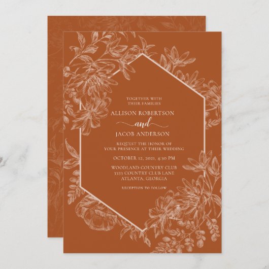 テラコッタ幾何結婚フローラすべて1つ 招待状 (正面/裏面)