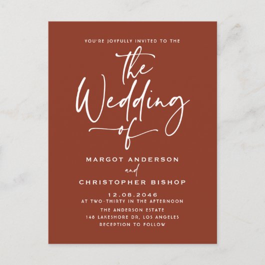 テラコッタ手書き書道ボホ結婚ズ インビテーションポストカード (正面)