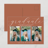 テラコッタ書道ミニマル卒業3写真 インビテーションポストカード (正面/裏面)