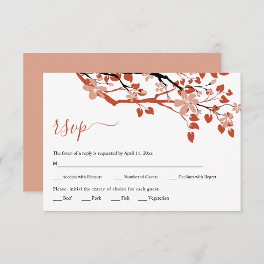 テラコッタ枝花フローラ結婚式RSVPカード 出欠カード (正面/裏面)