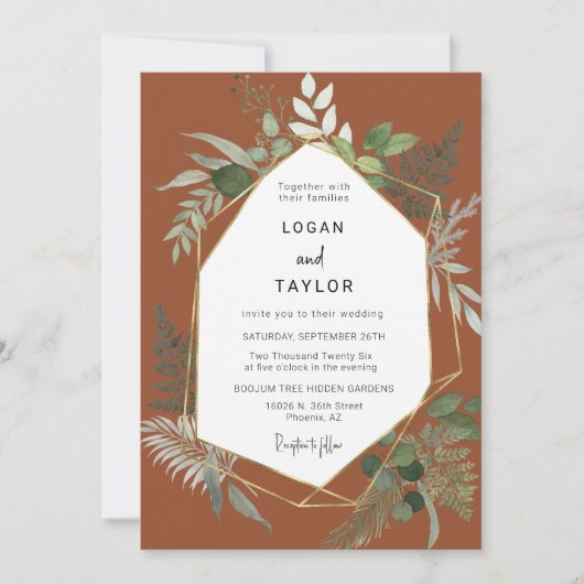 テラコッタ植物緑金ゴールドQRコード写真 招待状 (正面)