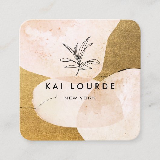 テラコッタ水彩植物葉金ゴールド スクエア名刺 (正面)