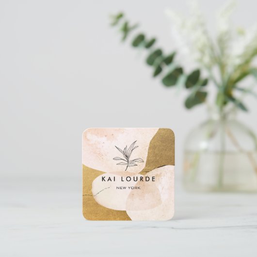 テラコッタ水彩植物葉金ゴールド スクエア名刺 (スタンド正面)