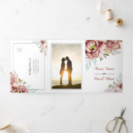 テラコッタ水彩花フローラ結婚写真 三つ折り招待状
