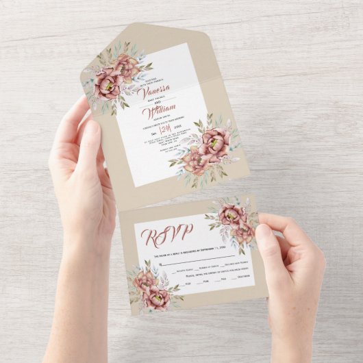 テラコッタ水彩花ベージュ秋の結婚式 オールインワン招待状 (貼ってはがせる)