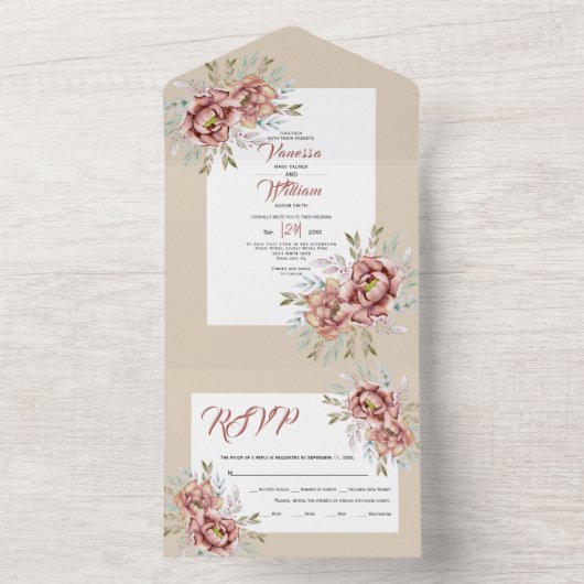 テラコッタ水彩花ベージュ秋の結婚式 オールインワン招待状 (内側)