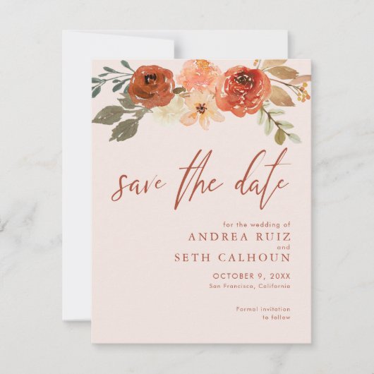 テラコッタ水彩花柄のSave The Date セーブザデート (正面)
