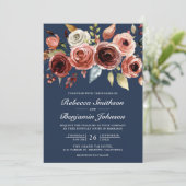 テラコッタ水彩花柄ネイビーQRコード結婚式 招待状 (スタンド正面)