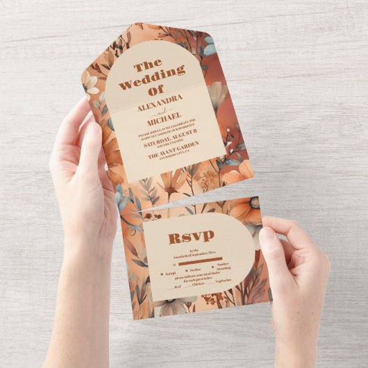テラコッタ水彩野草結婚の花 オールインワン招待状 (貼ってはがせる)