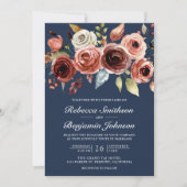 テラコッタ水色フローラネイビーQRコード結婚ズ 招待状 (正面)