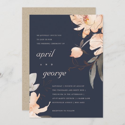 テラコッタ海軍の水色フローラ結婚式の招待 サンキューカード (正面/裏面)