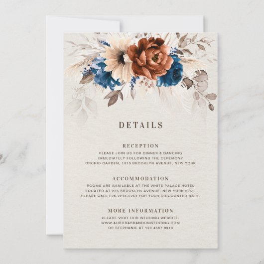 テラコッタ海軍パンパスグラスオールインワン結婚ズ 招待状 (裏面)