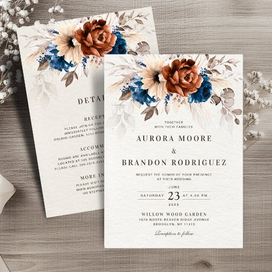 テラコッタ海軍パンパスグラスオールインワン結婚ズ 招待状