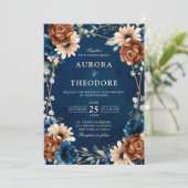 テラコッタ海軍ブルーグリーン結婚リー幾何学模様 招待状 (スタンド正面)