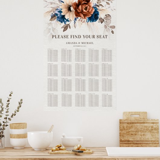 テラコッタ海軍ブルーパンパスグラスのシーティングチャート ポスター (キッチン)