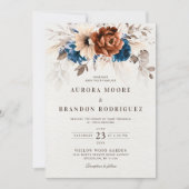 テラコッタ海軍ブルーパンパスグラスQRコード結婚ズ 招待状 (正面)