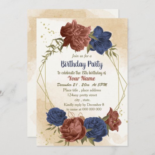 テラコッタ海軍ブルーフローラグリーンデー 招待状 (正面/裏面)