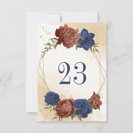 テラコッタ海軍ブルーフローラジオメトリックテーブル 招待状 (裏面)