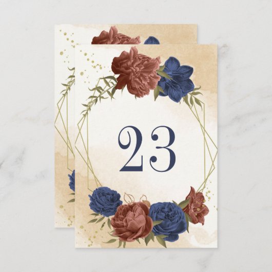 テラコッタ海軍ブルーフローラジオメトリックテーブル 招待状 (正面/裏面)