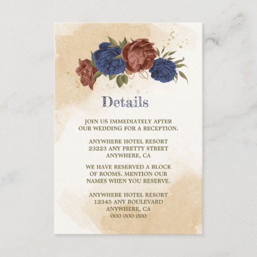 テラコッタ海軍ブルーフローラ結婚グリーン エンクロージャーカード (正面)