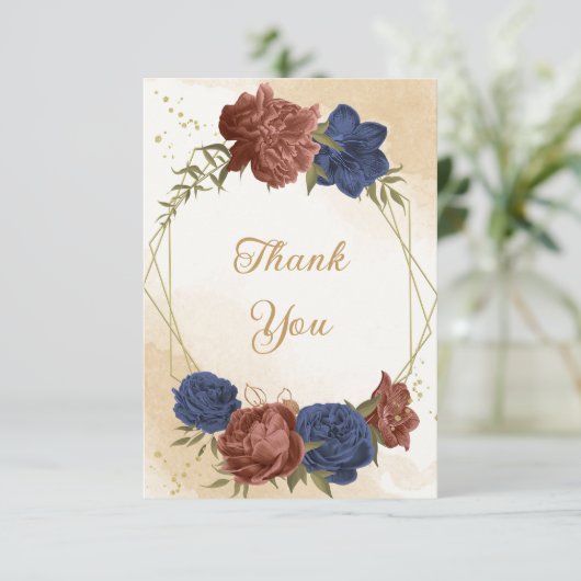 テラコッタ海軍ブルーフローラ結婚グリーン サンキューカード (スタンド正面)