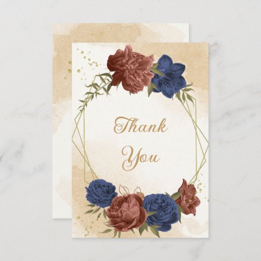 テラコッタ海軍ブルーフローラ結婚グリーン サンキューカード (正面/裏面)