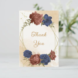 テラコッタ海軍ブルーフローラ結婚グリーン サンキューカード