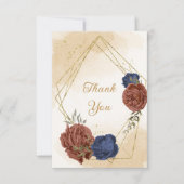 テラコッタ海軍ブルーフローラ結婚グリーン サンキューカード (正面)
