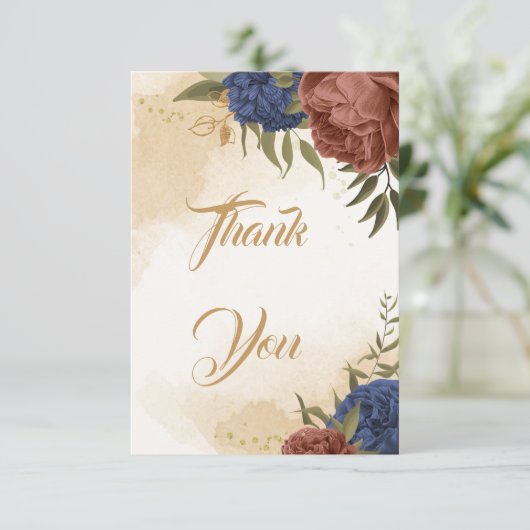 テラコッタ海軍ブルーフローラ結婚グリーン サンキューカード (スタンド正面)