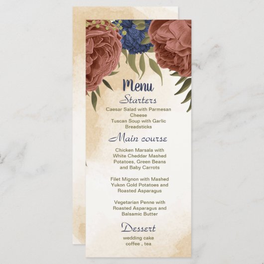 テラコッタ海軍ブルーフローラ結婚グリーン メニュー (正面/裏面)