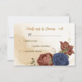 テラコッタ海軍ブルーフローラ結婚グリーン 出欠カード (正面)