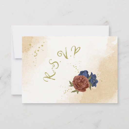 テラコッタ海軍ブルーフローラ結婚グリーン 出欠カード (裏面)
