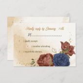 テラコッタ海軍ブルーフローラ結婚グリーン 出欠カード (正面/裏面)