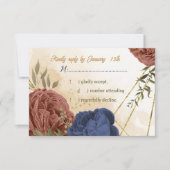 テラコッタ海軍ブルーフローラ結婚グリーン 出欠カード (正面)