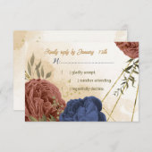 テラコッタ海軍ブルーフローラ結婚グリーン 出欠カード (正面/裏面)