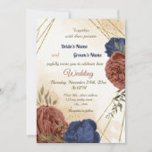 テラコッタ海軍ブルーフローラ結婚グリーン 招待状 (正面)