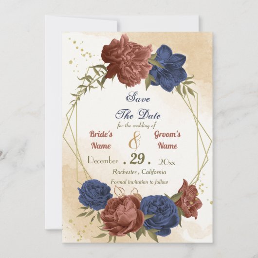 テラコッタ海軍ブルーフローラ緑 セーブザデート (正面)