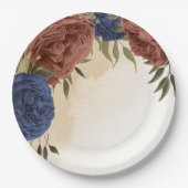 テラコッタ海軍ブルーフローラ緑 ペーパープレート (正面)